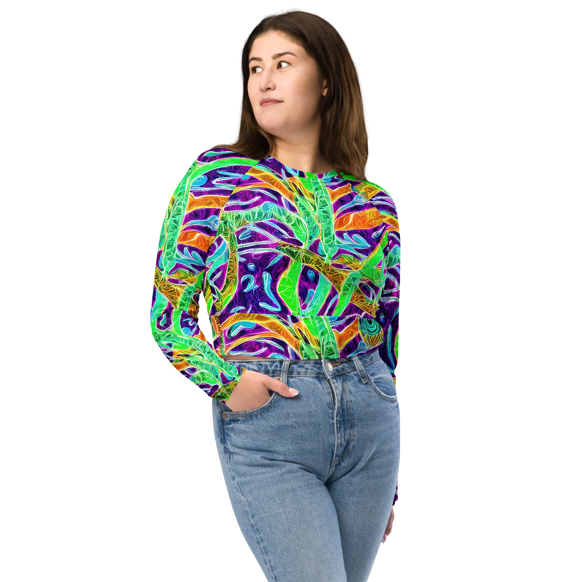 Chromatic Tropics on Long Sleeve Crop Top — Front