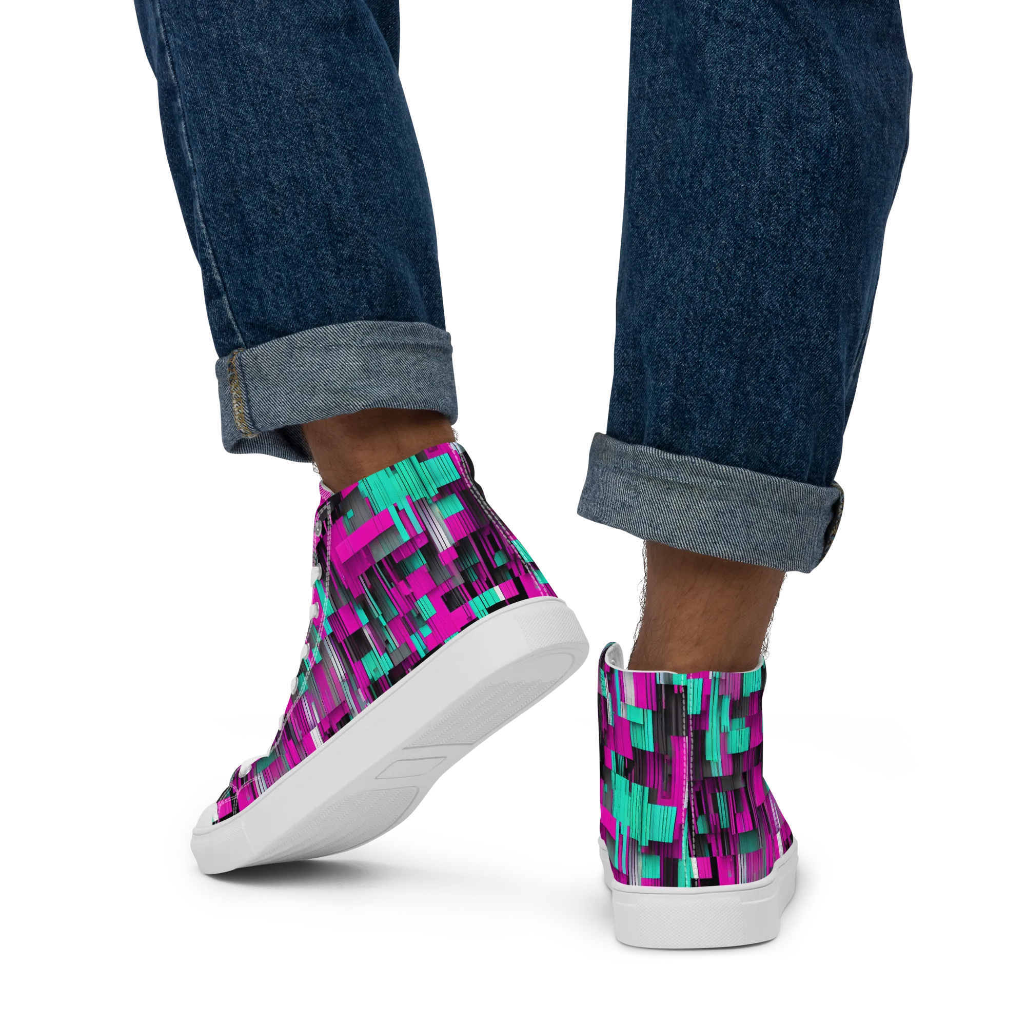 Neon Shard on Men's High Top Canvas Shoes — Back
