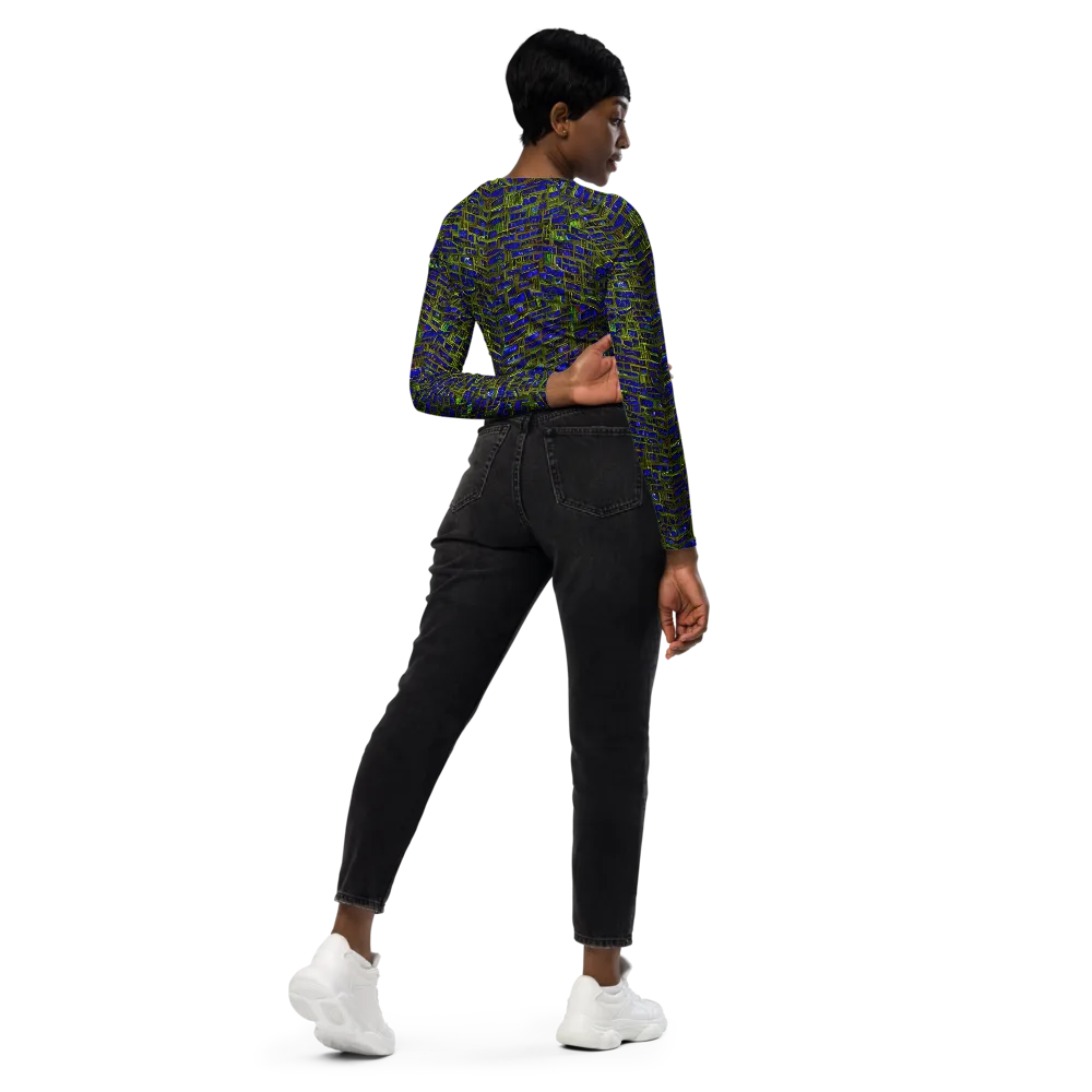 Blue Machine on Long Sleeve Crop Top — Right Back
