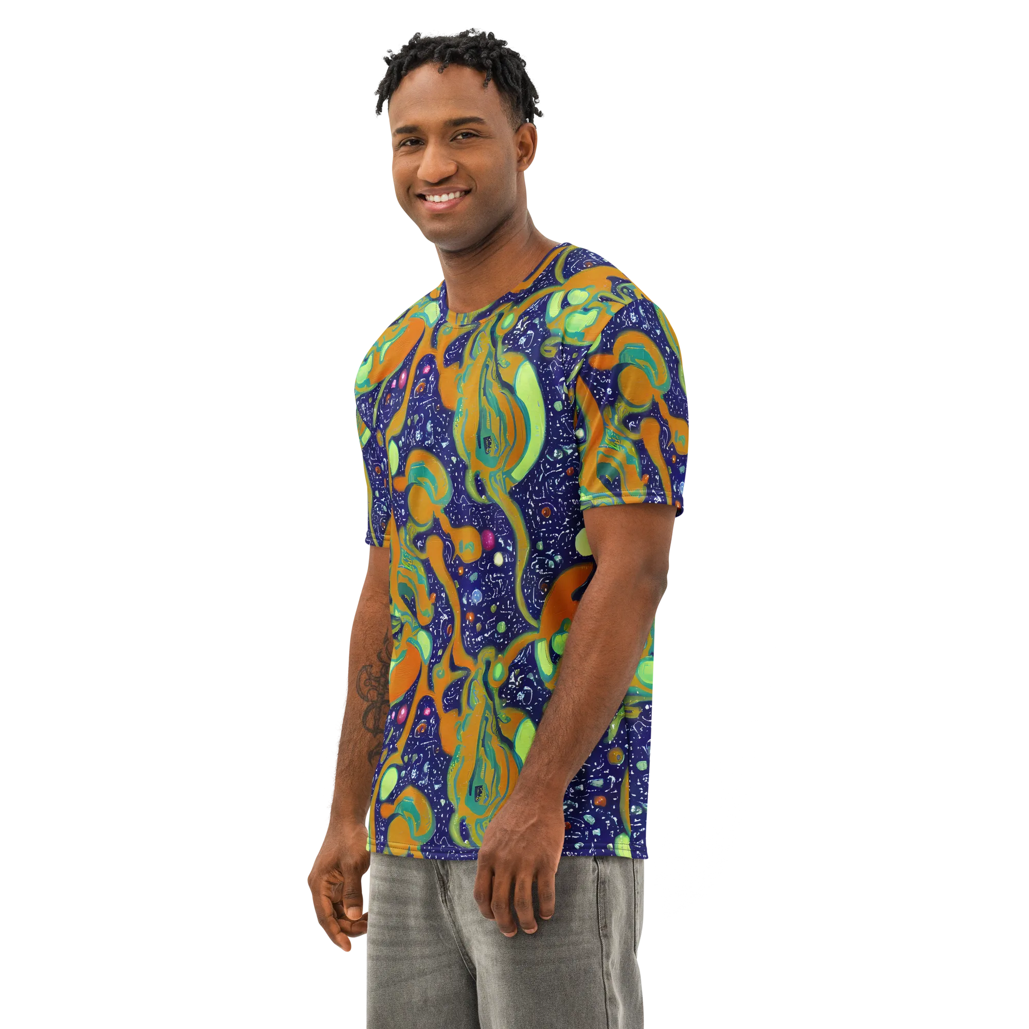 Orbiting Citrus on Men's Cotton Crew Neck T-Shirt — Left Front
