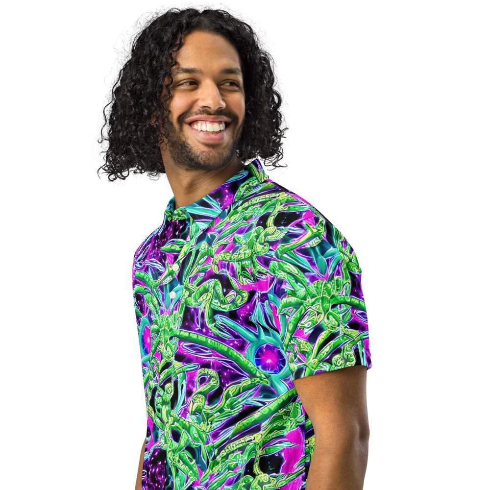 Cosmic Geckos on Men's Slim Fit Polo Shirt — Left Front