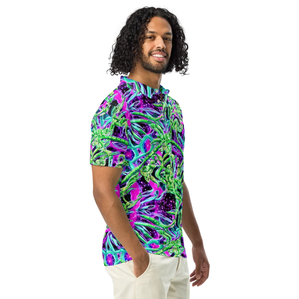 Cosmic Geckos on Men's Slim Fit Polo Shirt — Right Front