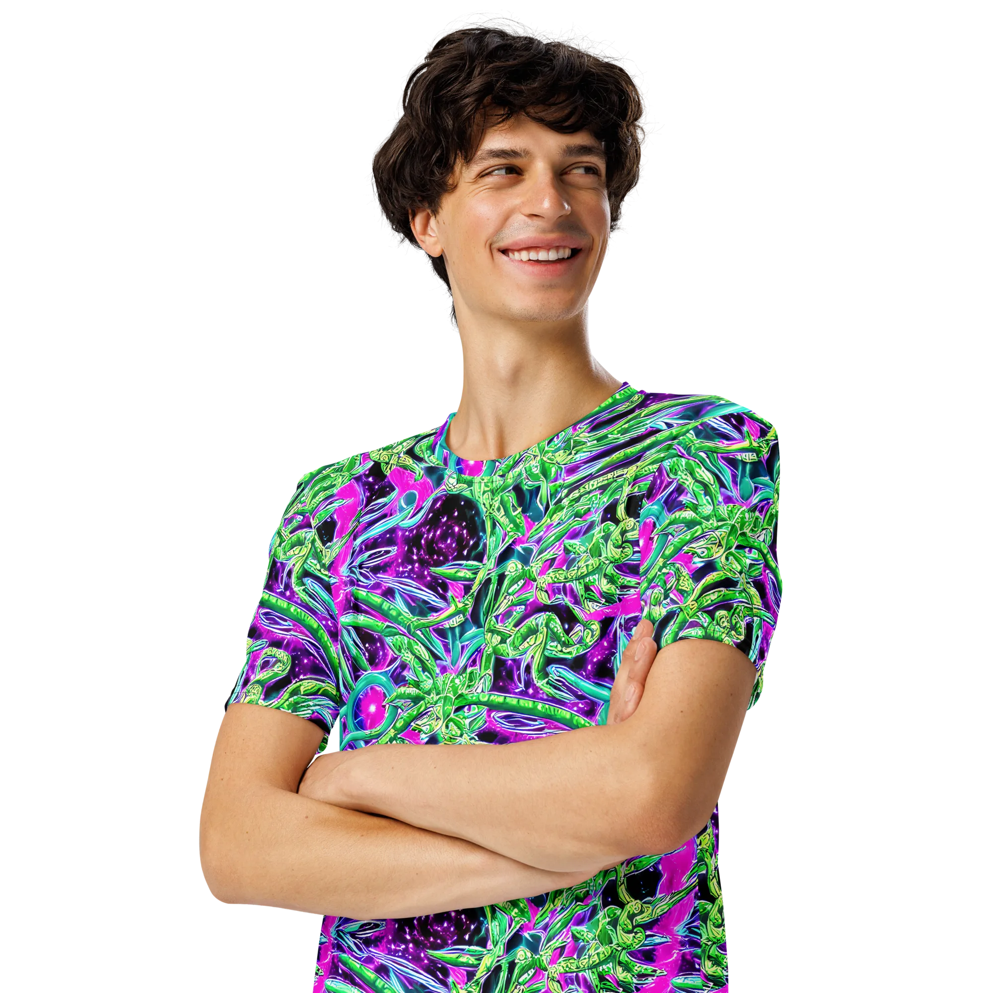 Cosmic Geckos on Men's Crew Neck T-Shirt — Left Front