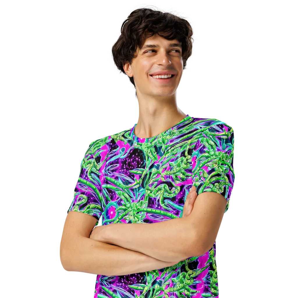 Cosmic Geckos on Men's Crew Neck T-Shirt — Left Front