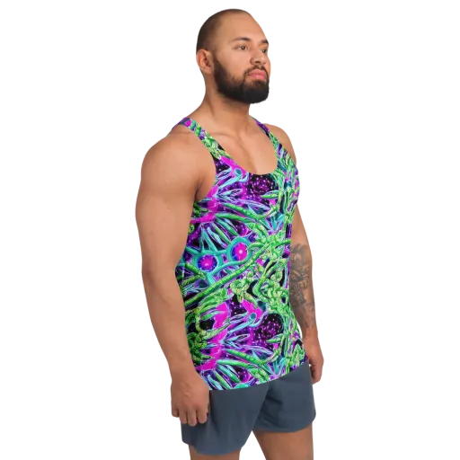 Cosmic Geckos on a Men's Tank Top