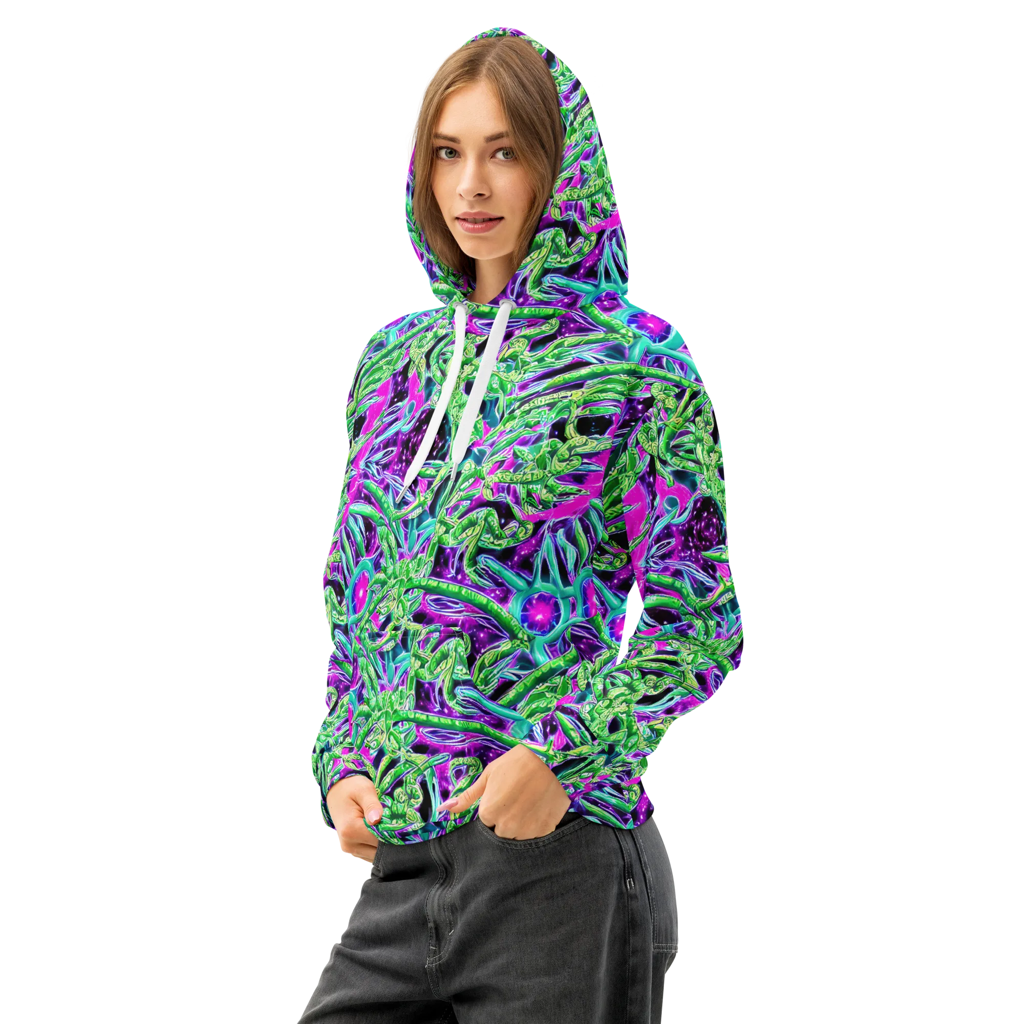 Cosmic Geckos on Cotton Hoodie — Left Front