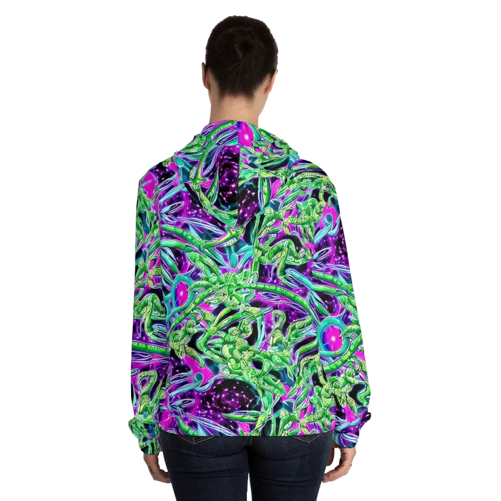 Cosmic Geckos on Women's Full-Zip Hoodie — Back On Person