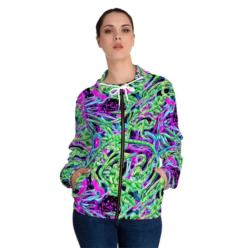 Cosmic Geckos on Women's Full-Zip Hoodie — Front On Person