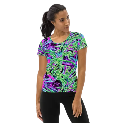 Cosmic Geckos on a Women's Athletic T-Shirt