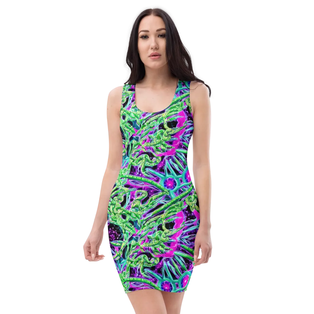 Cosmic Geckos on Bodycon Dress — Front