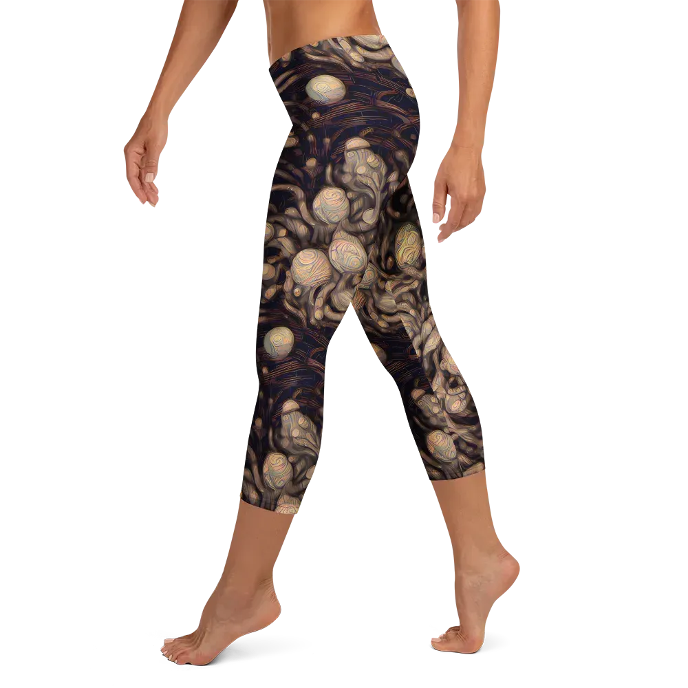 Midnight Tree Rings on Capri Leggings — Left
