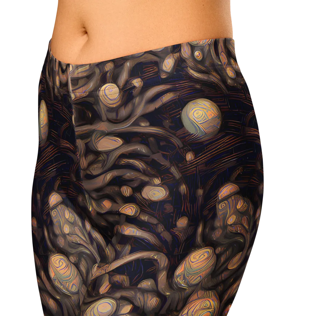 Midnight Tree Rings on Capri Leggings — Zoomed-in
