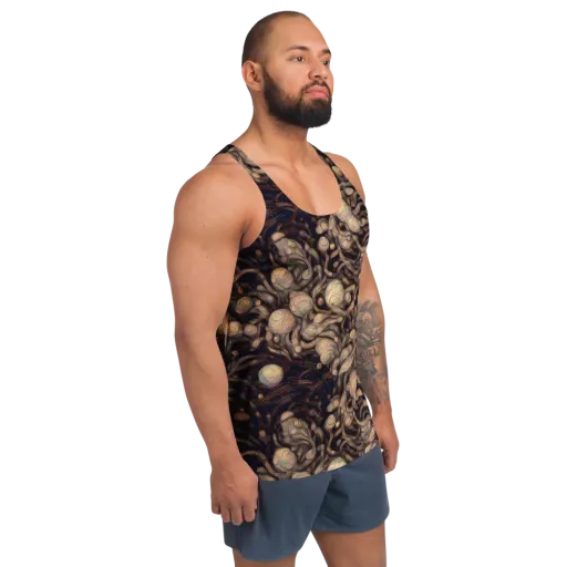 Midnight Tree Rings on a Men's Tank Top