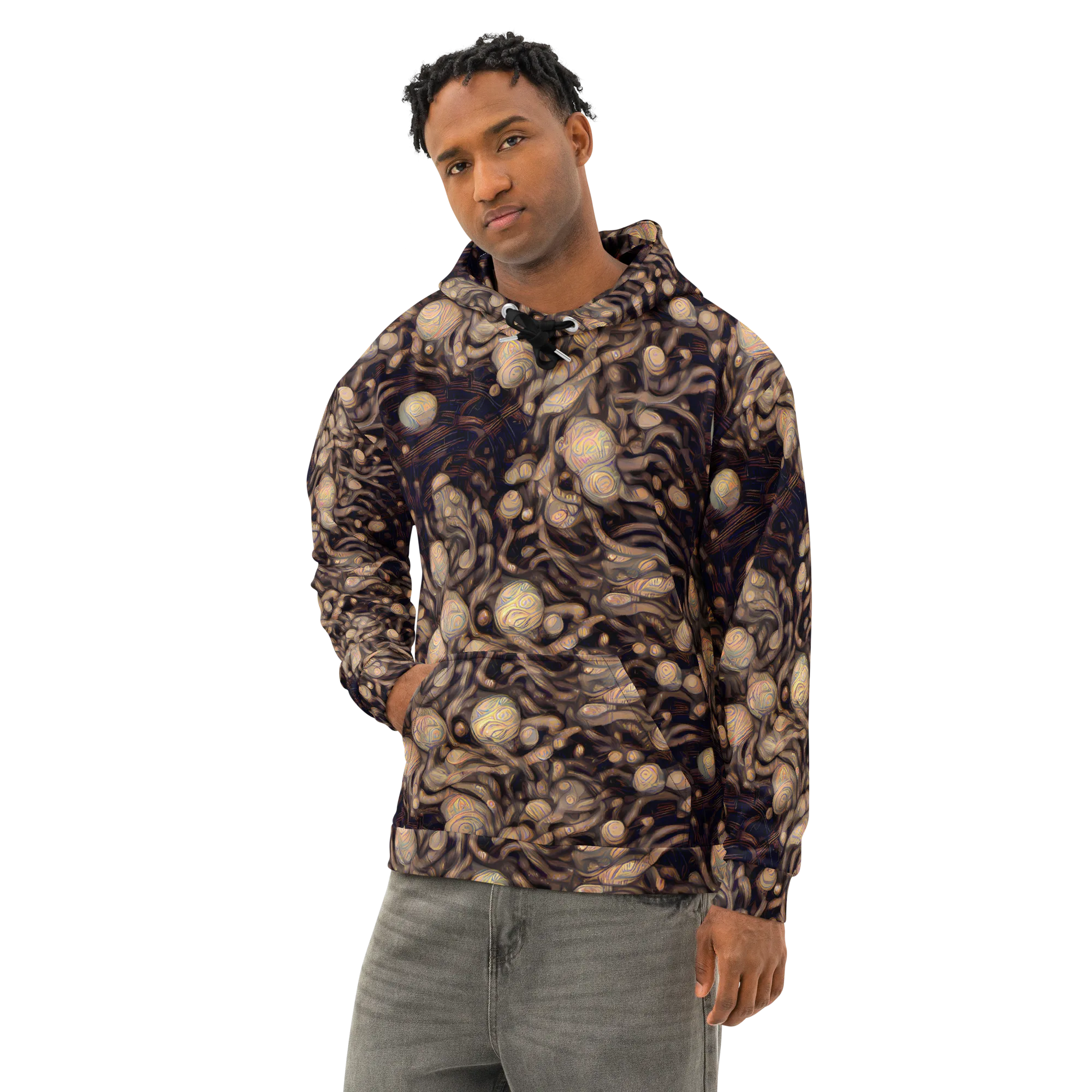 Midnight Tree Rings on Cotton Hoodie — Left Front