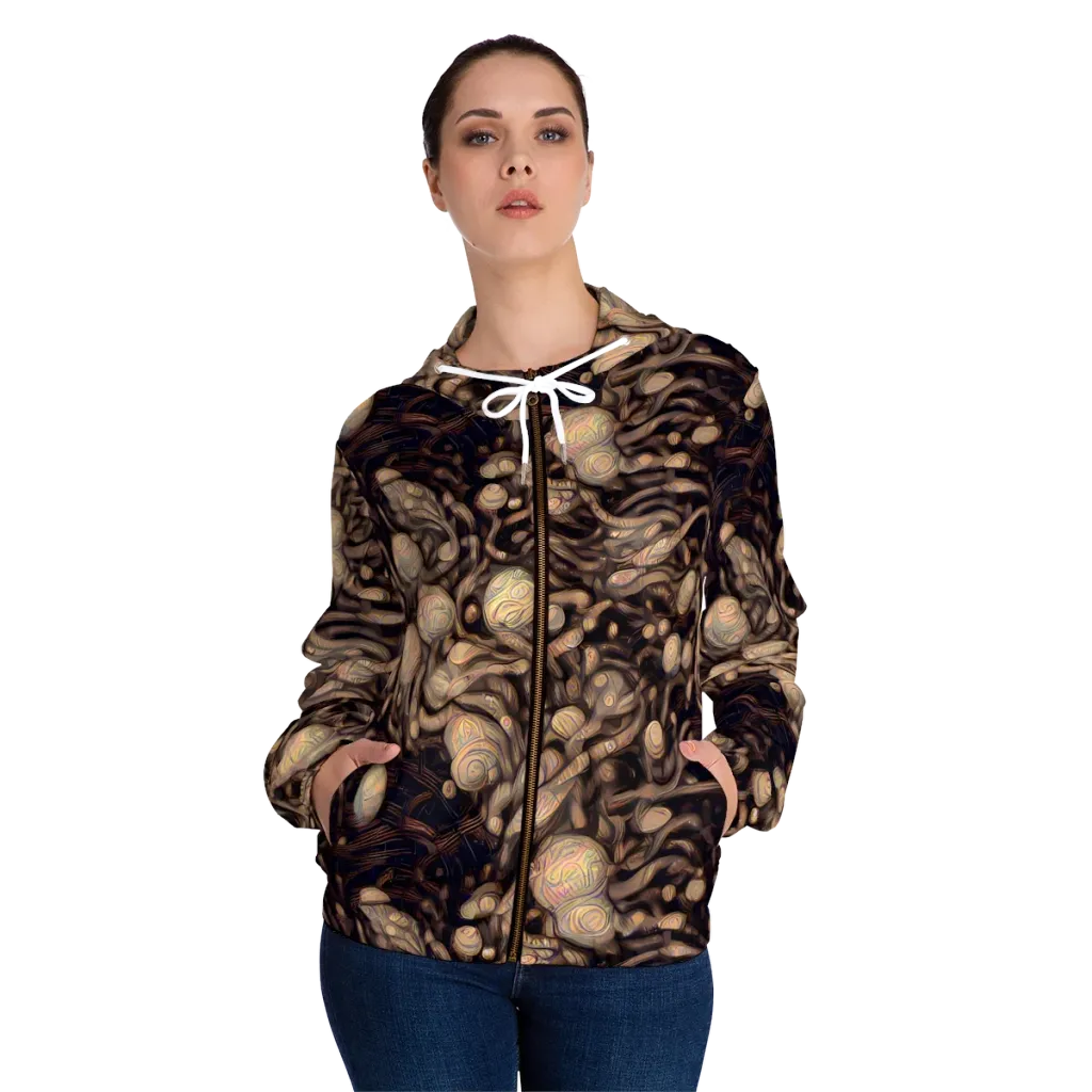 Midnight Tree Rings on Women's Full-Zip Hoodie — Front On Person