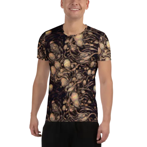 Midnight Tree Rings on a Men's Athletic T-Shirt