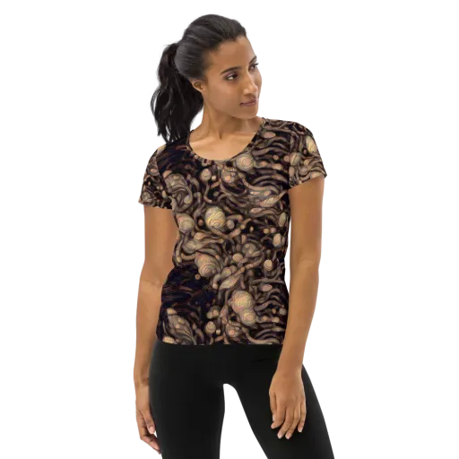 Midnight Tree Rings on a Women's Athletic T-Shirt