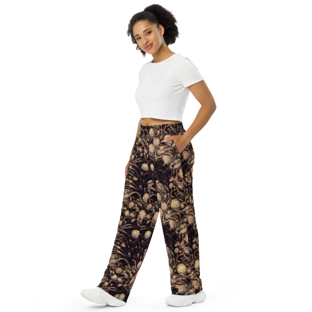 Midnight Tree Rings on Wide-Leg Pants — Left Front