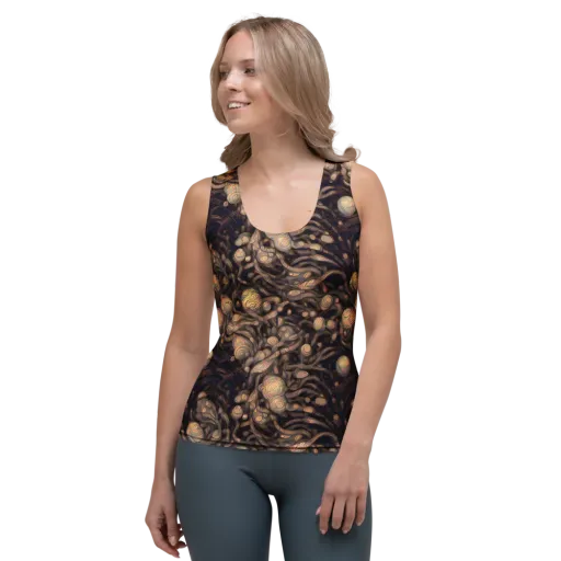 Midnight Tree Rings on a Women's Tank Top