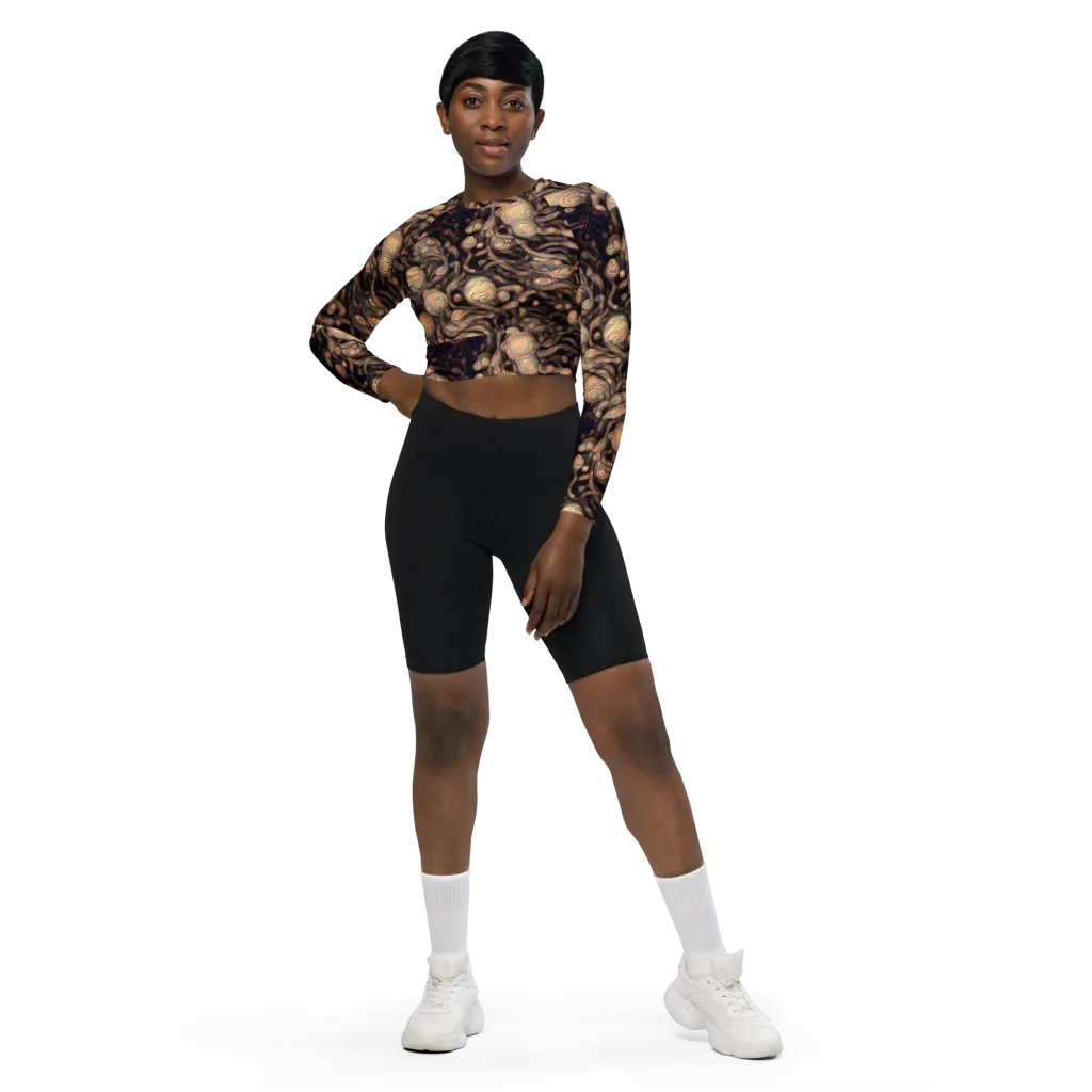 Midnight Tree Rings on Long Sleeve Crop Top — Front