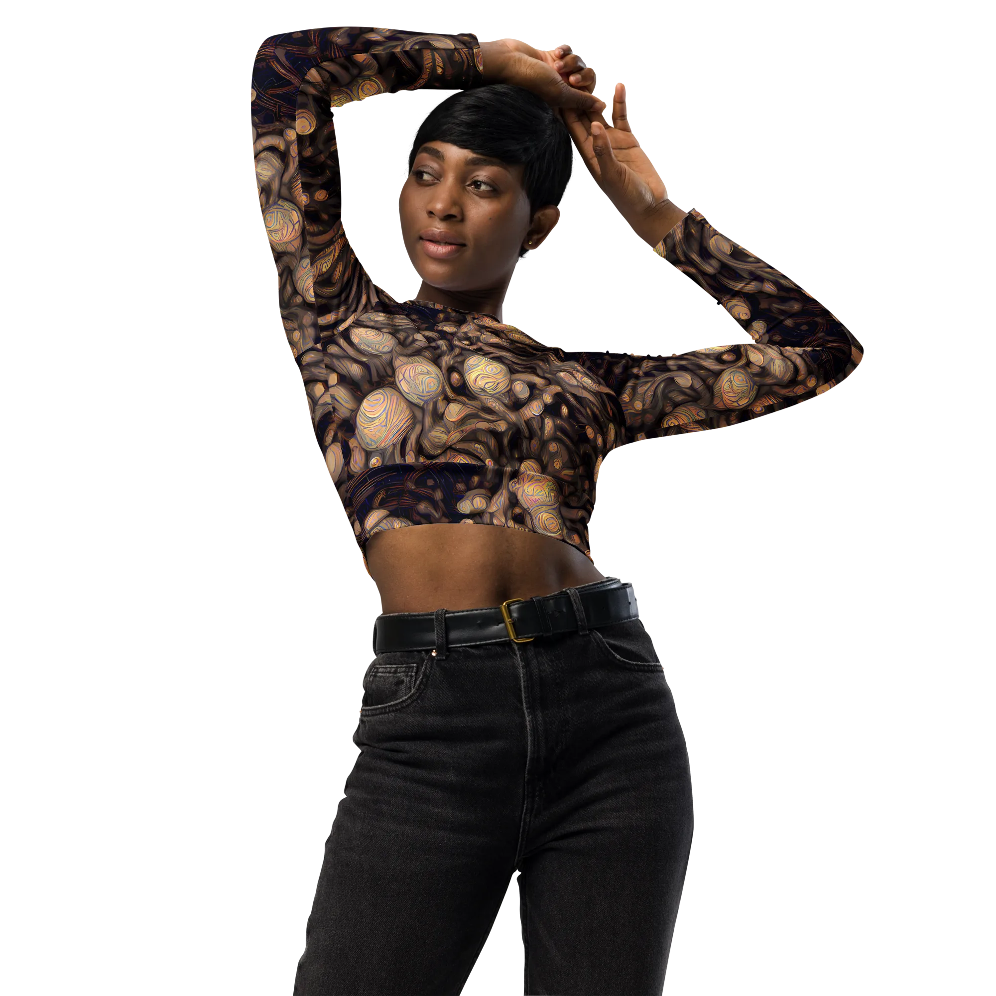 Midnight Tree Rings on Long Sleeve Crop Top — Front