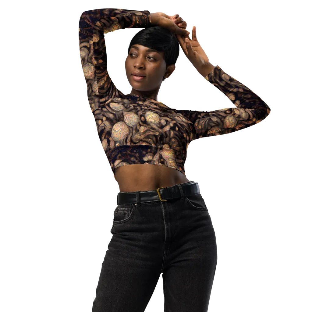 Midnight Tree Rings on Long Sleeve Crop Top — Front