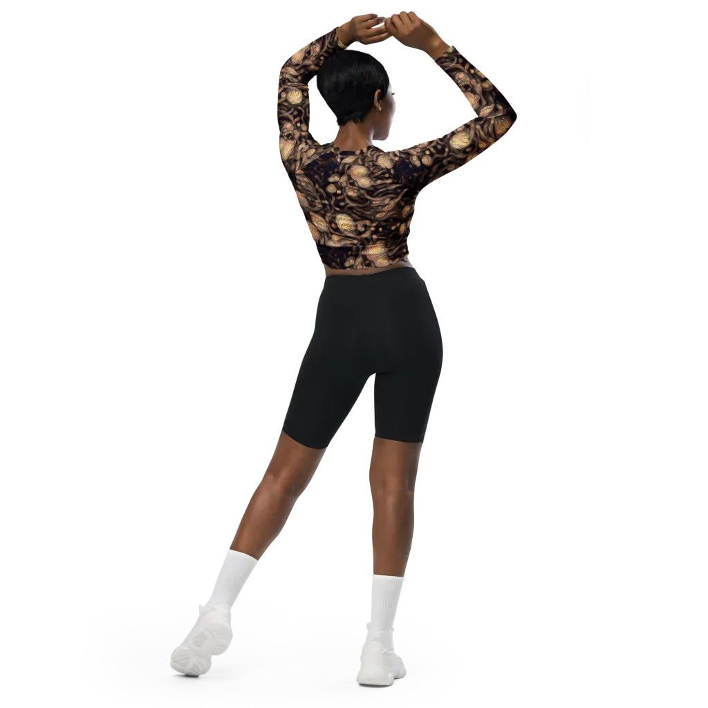 Midnight Tree Rings on Long Sleeve Crop Top — Back