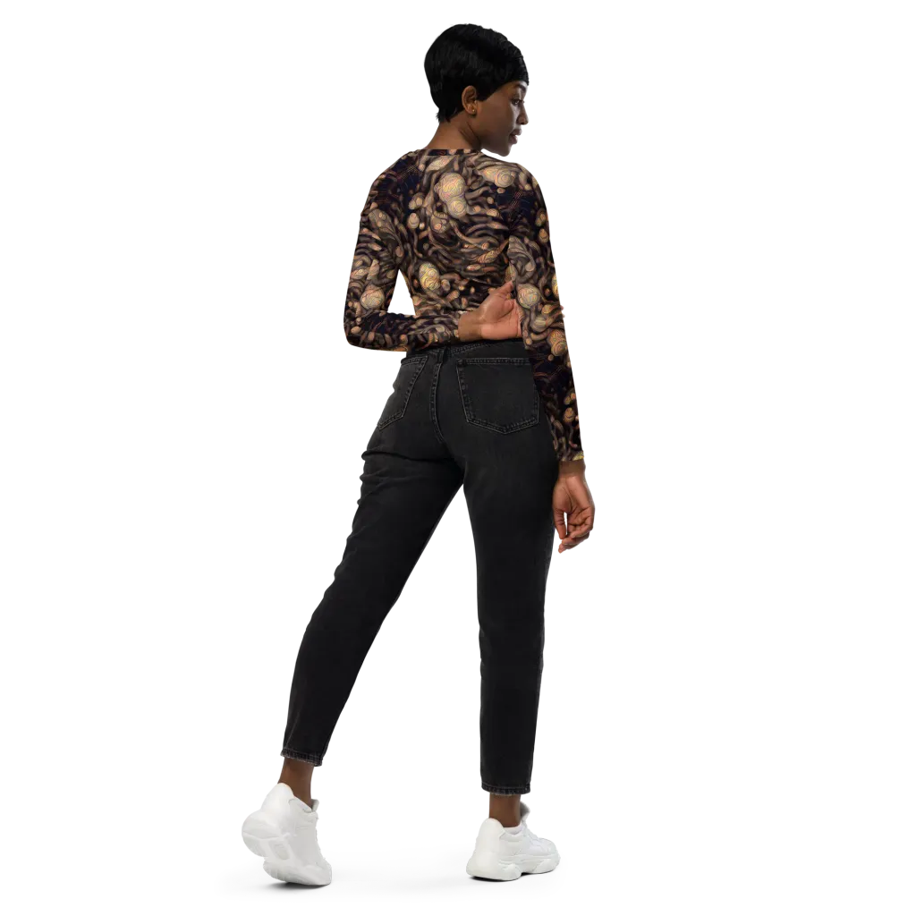 Midnight Tree Rings on Long Sleeve Crop Top — Right Back