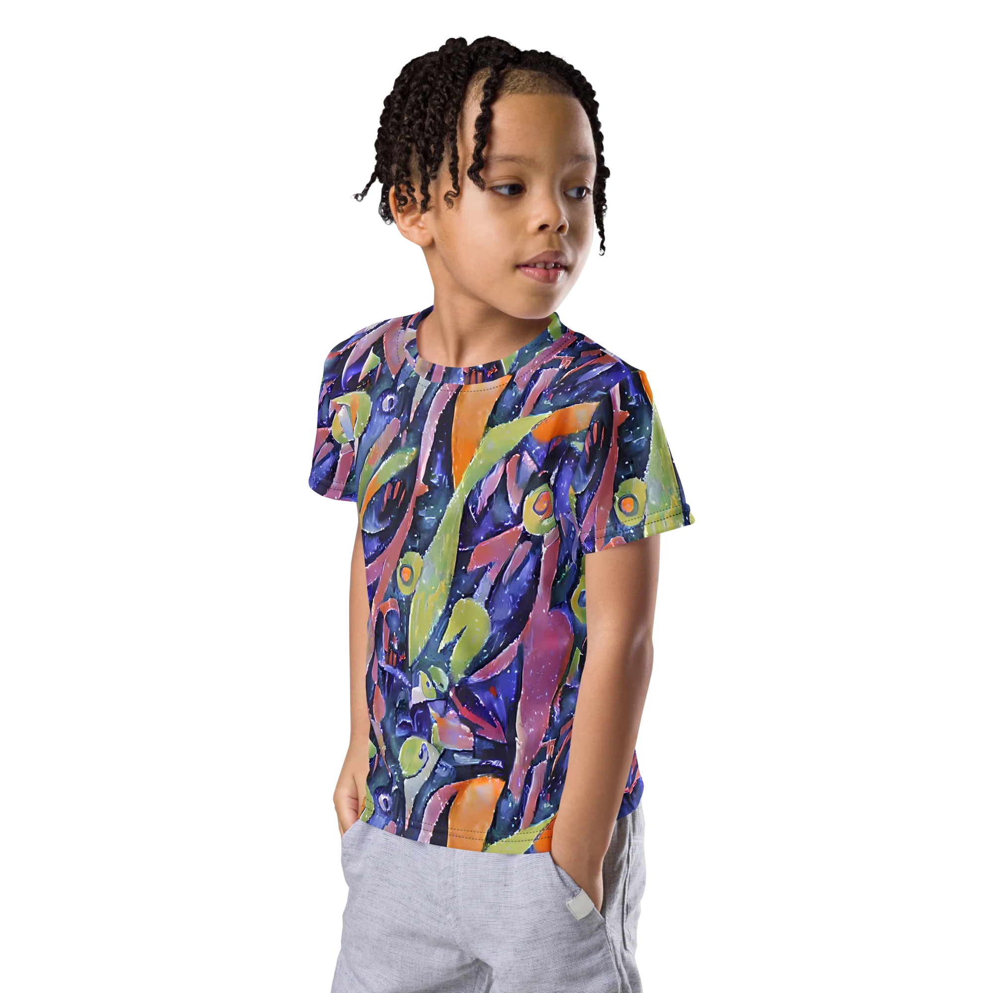 Galactic Brushwork on Kids Crew Neck T-Shirt — Left Front