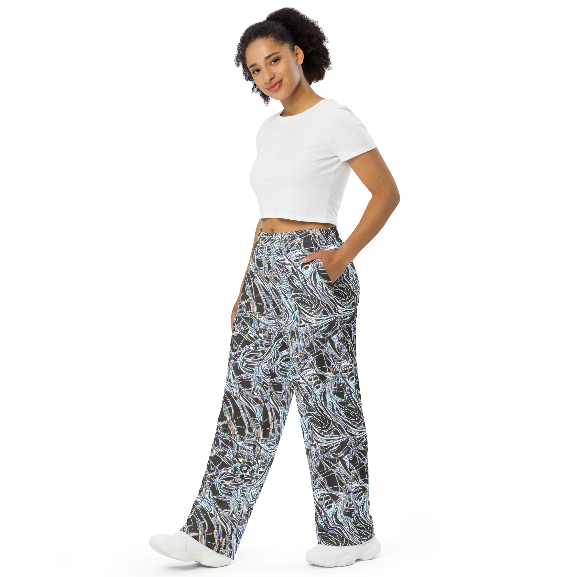 Chrome Tangle on Wide-Leg Pants — Left Front