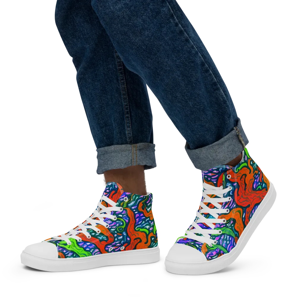 Cyber Tides on Men's High Top Canvas Shoes — Left