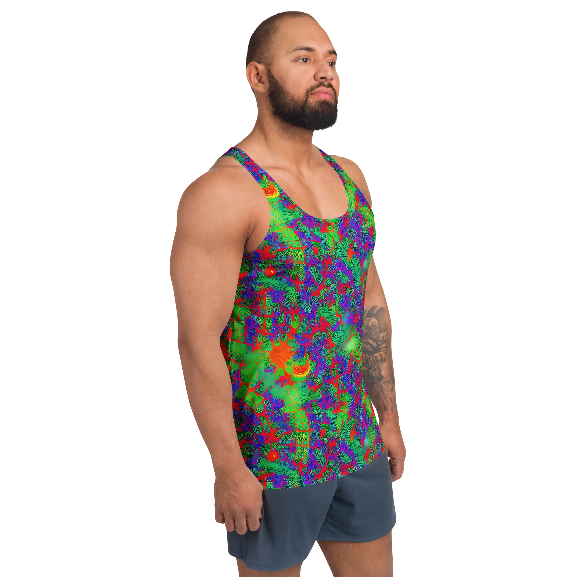 Neon Jungle Static on Men's Tank Top — Right Front