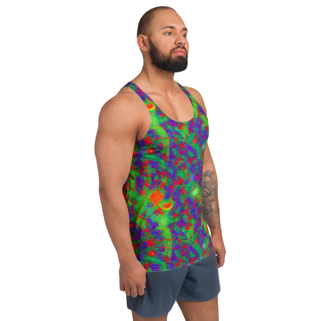 Neon Jungle Static on Men's Tank Top — Right Front