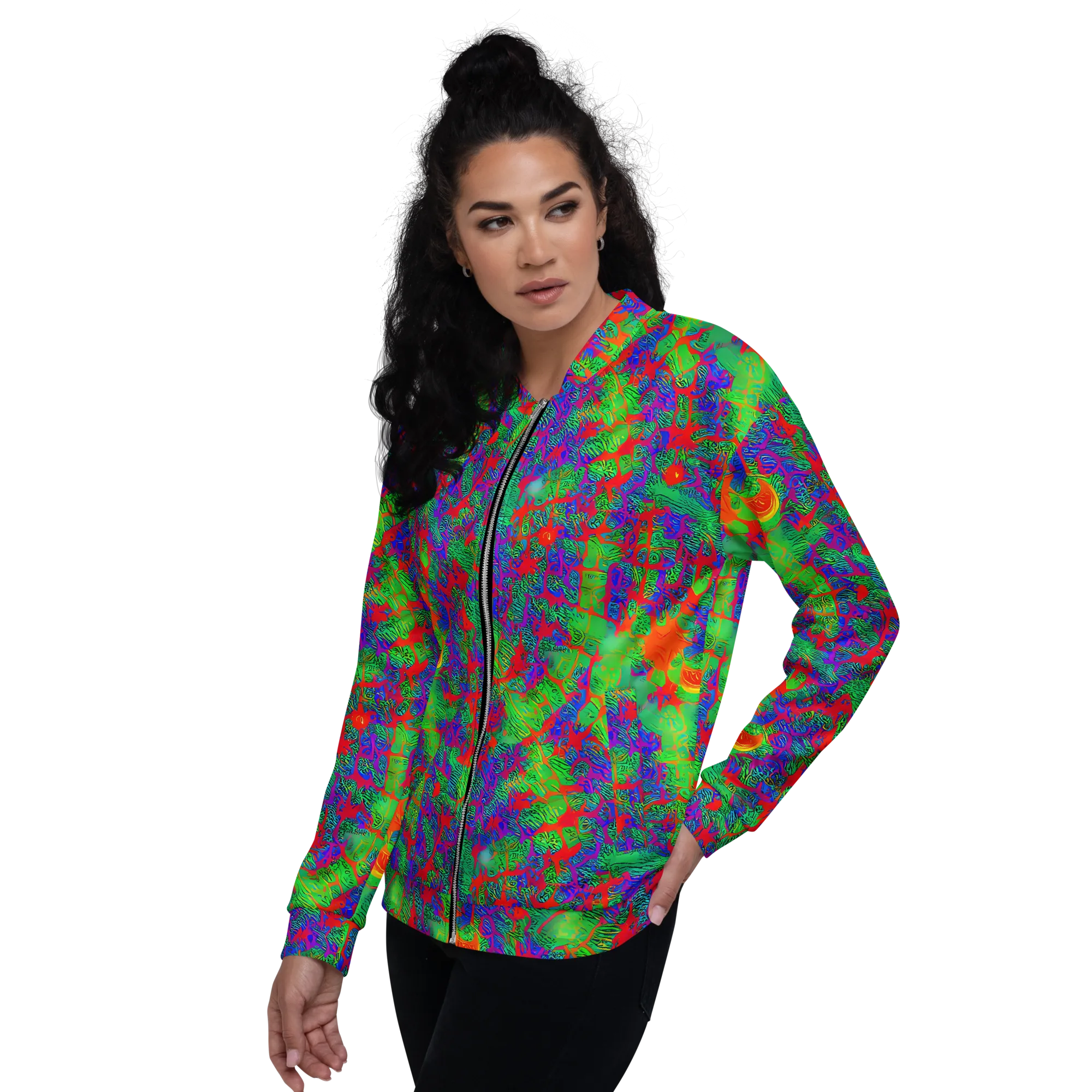 Neon Jungle Static on Bomber Jacket — Left