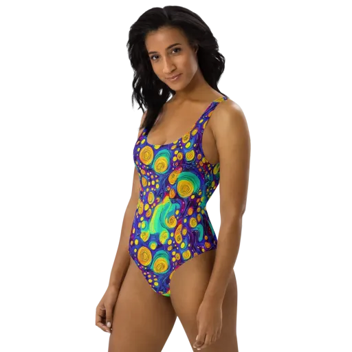 Electric Spiral Garden on a One-Piece Swimsuit