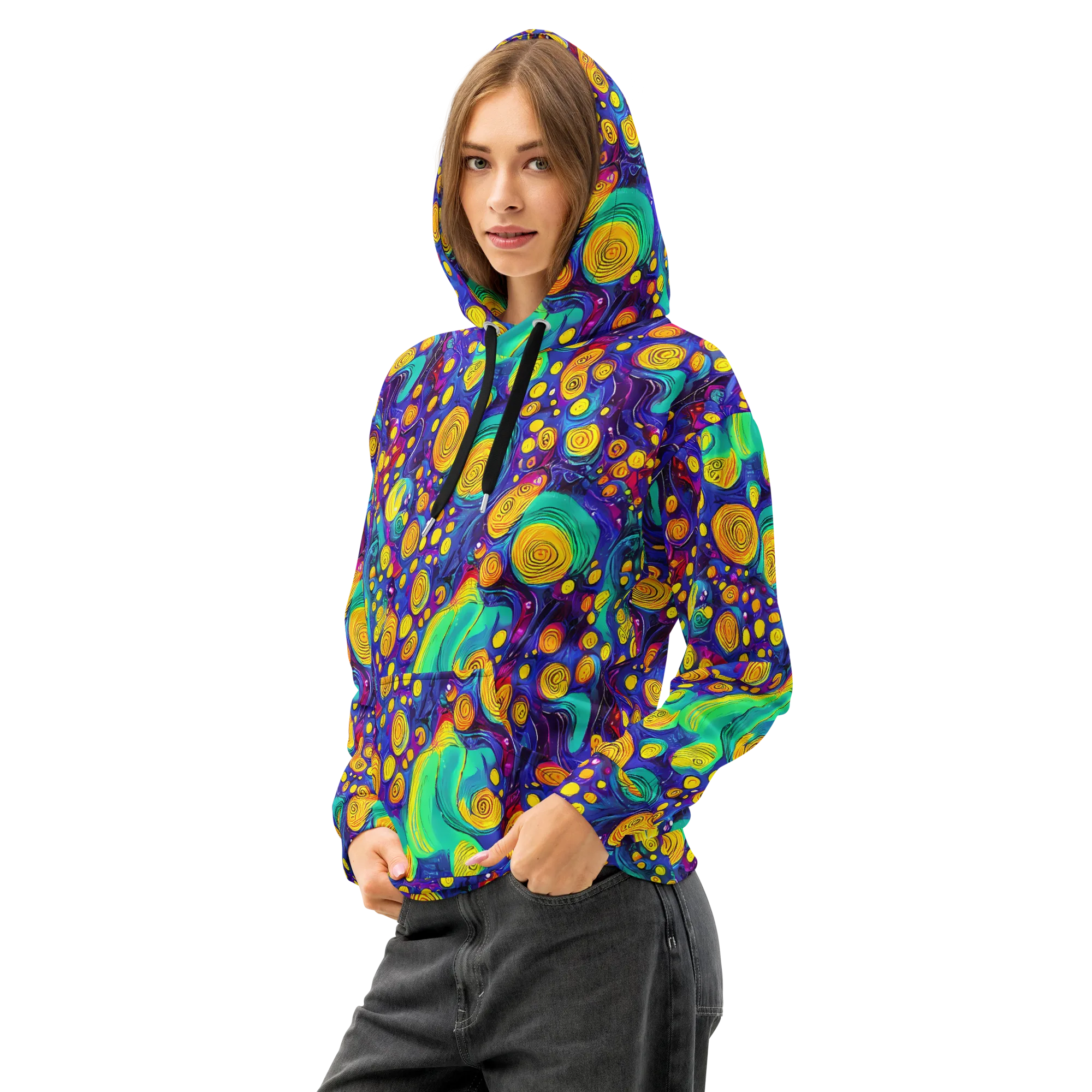 Electric Spiral Garden on Cotton Hoodie — Left Front
