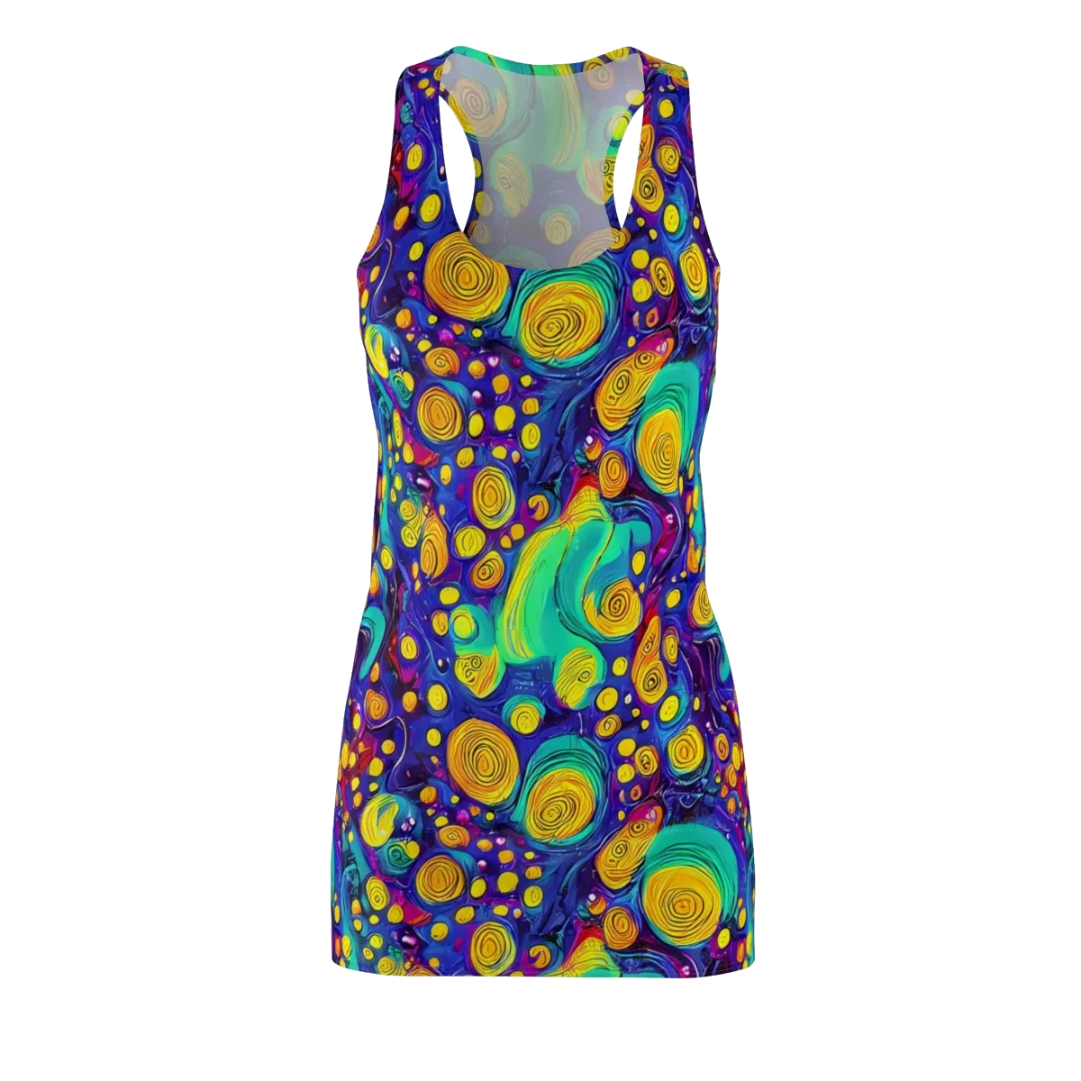 Electric Spiral Garden on Racerback Dress — Front