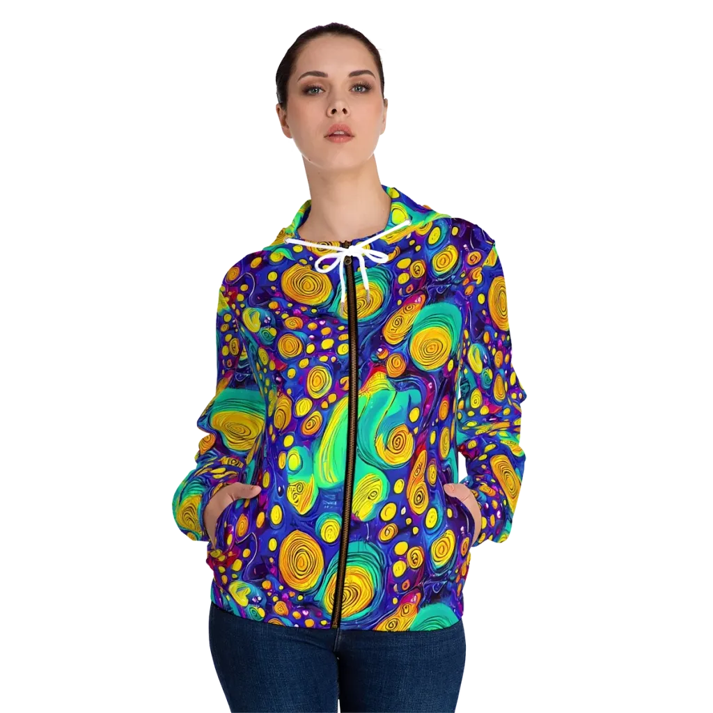 Electric Spiral Garden on Women's Full-Zip Hoodie — Front On Person