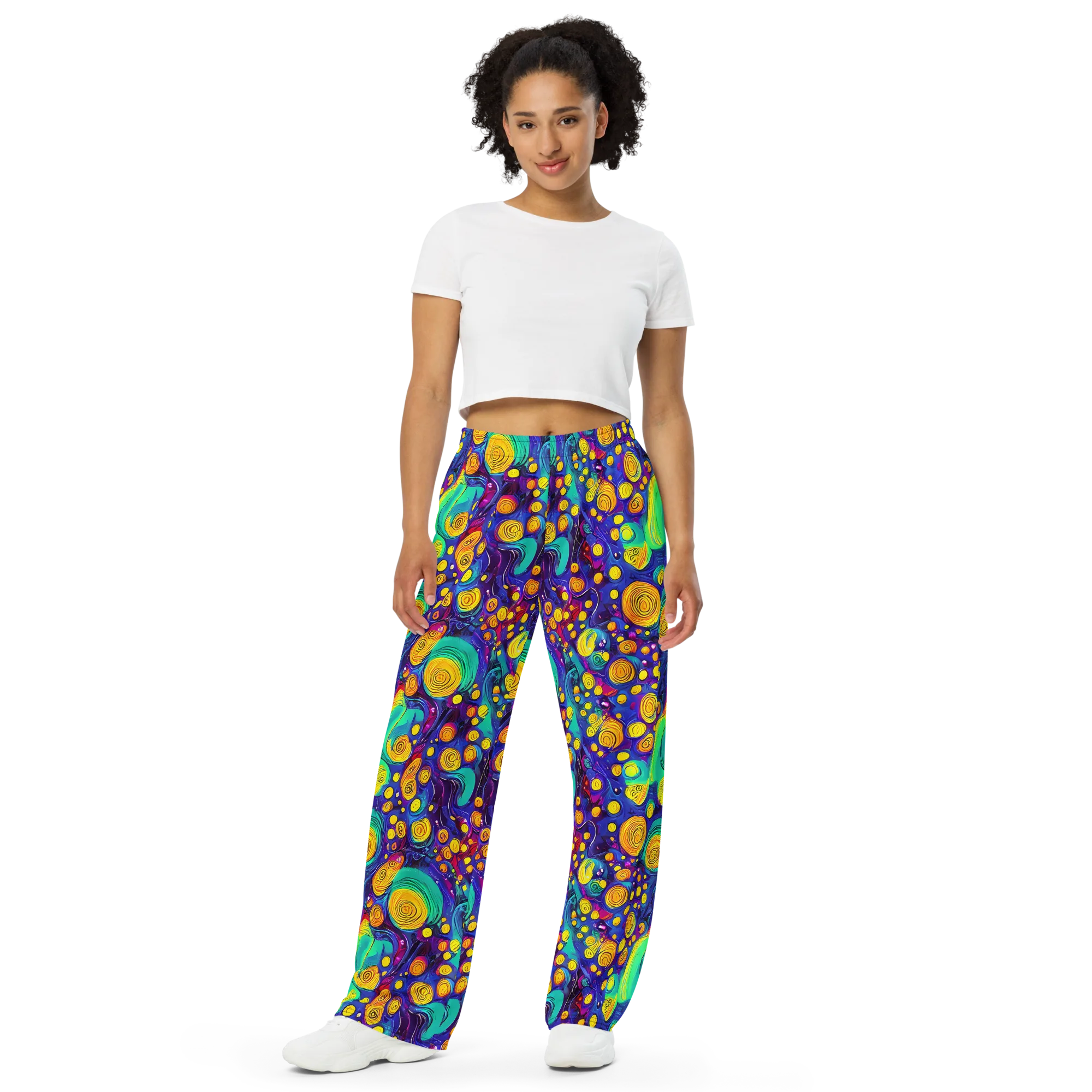 Electric Spiral Garden on Wide-Leg Pants — Front