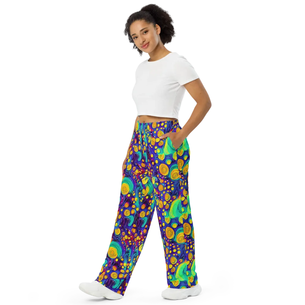 Electric Spiral Garden on Wide-Leg Pants — Left Front