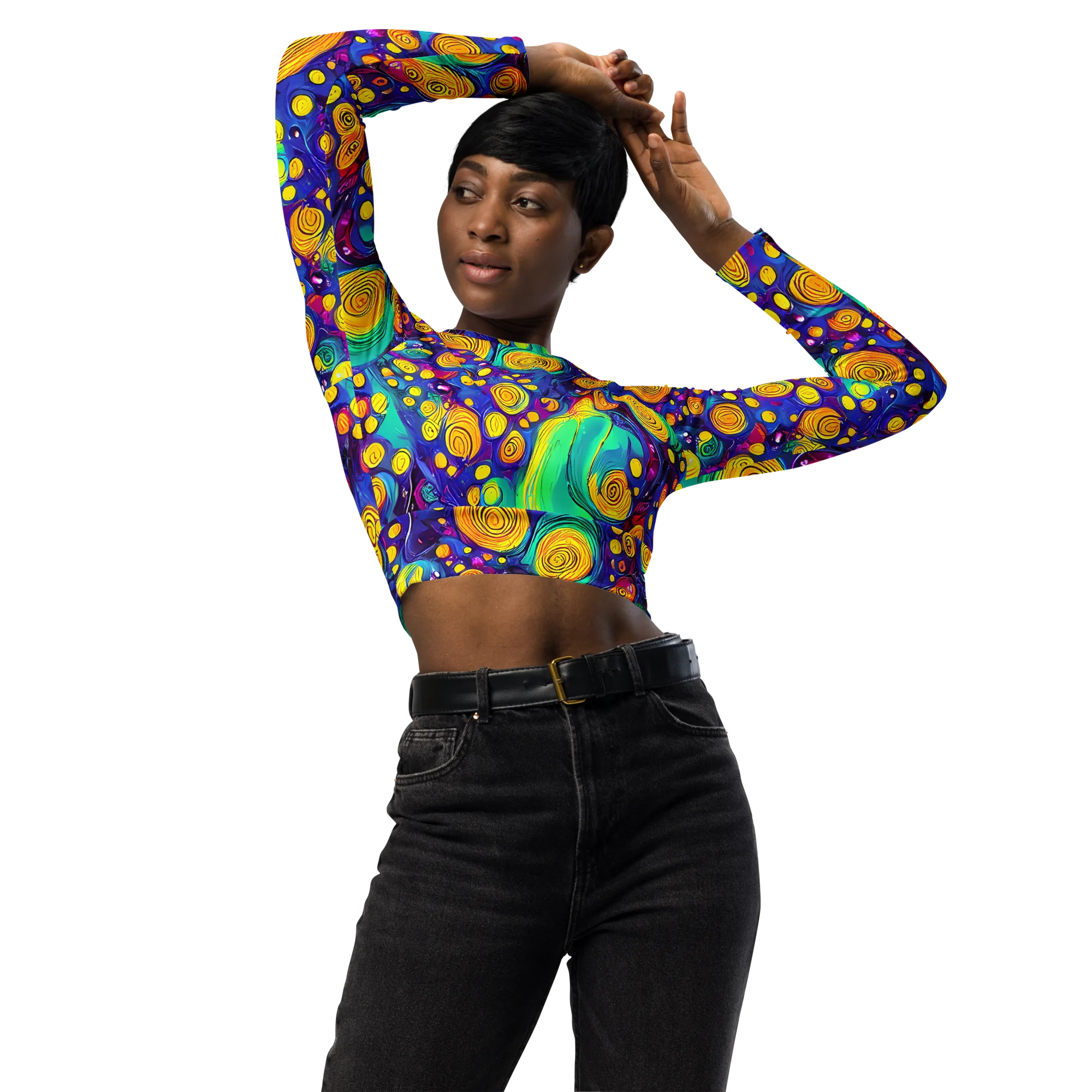 Electric Spiral Garden on Long Sleeve Crop Top — Front