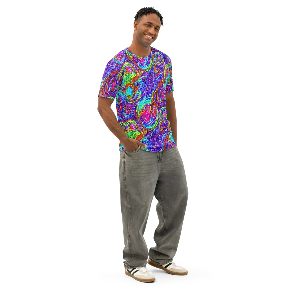 Cobalt Marbling on Men's Cotton Crew Neck T-Shirt — Right Front
