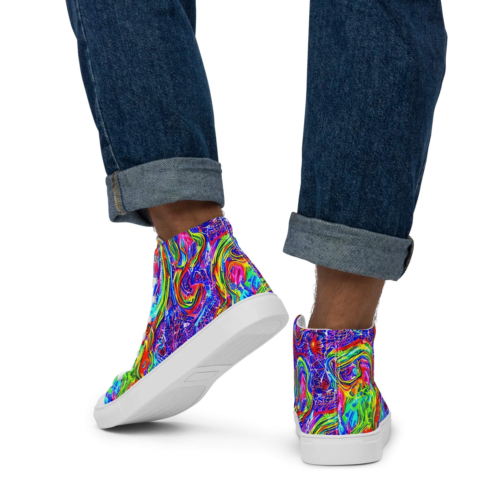 Cobalt Marbling on Men's High Top Canvas Shoes — Back