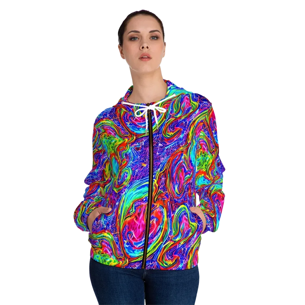 Cobalt Marbling on Women's Full-Zip Hoodie — Front On Person