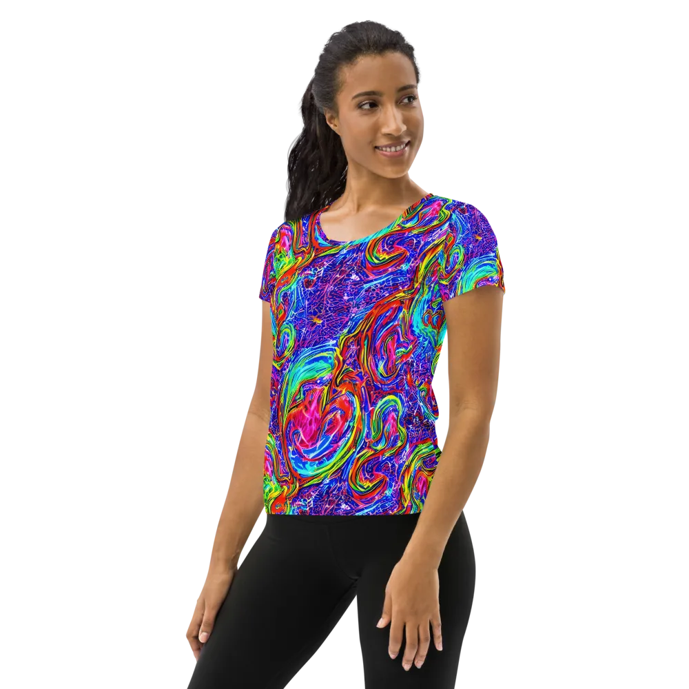 Cobalt Marbling on Women's Athletic T-Shirt — Left