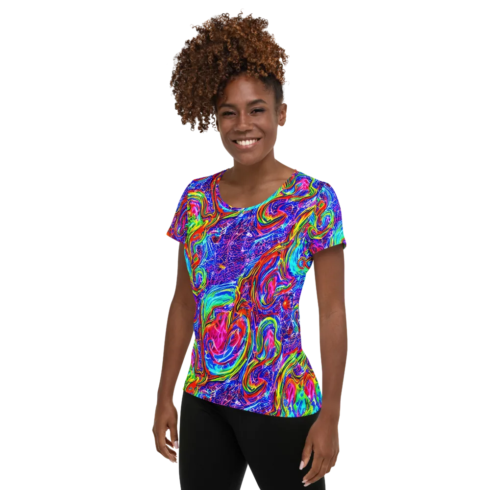 Cobalt Marbling on Women's Athletic T-Shirt — Left