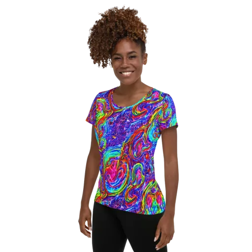 Cobalt Marbling on a Women's Athletic T-Shirt