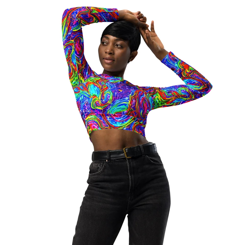 Cobalt Marbling on Long Sleeve Crop Top — Front