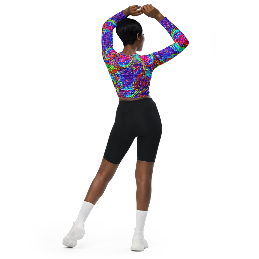 Cobalt Marbling on Long Sleeve Crop Top — Back