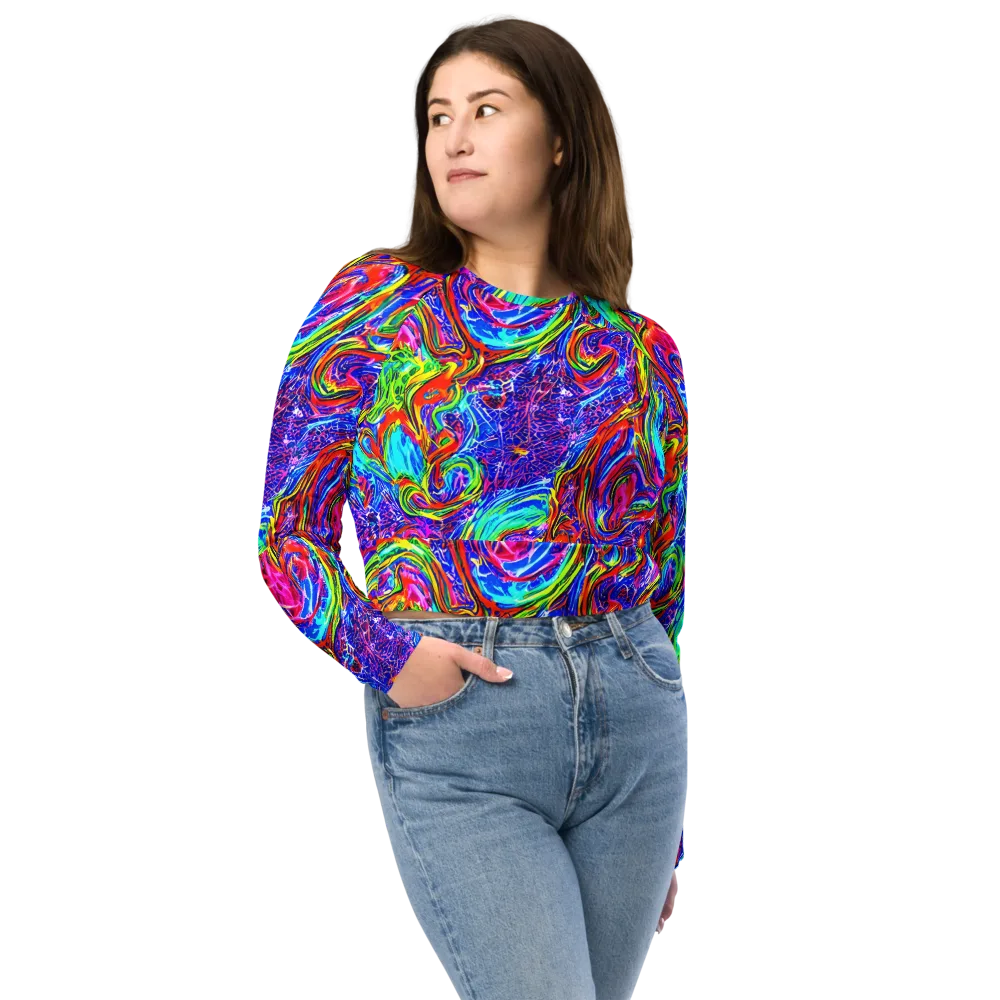 Cobalt Marbling on Long Sleeve Crop Top — Front